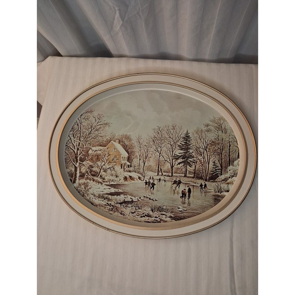 Currier and Ives Tray Oval Metal Winter Ice Skating Christmas Gold White Snow